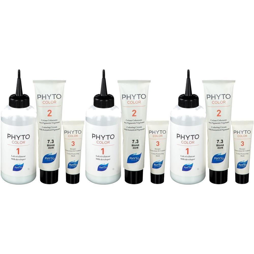 Drie PHYTOCOLOR 7.3 Blondine Doré sets: ontwikkelaar fles, kleurtube en verzorgingsampul.