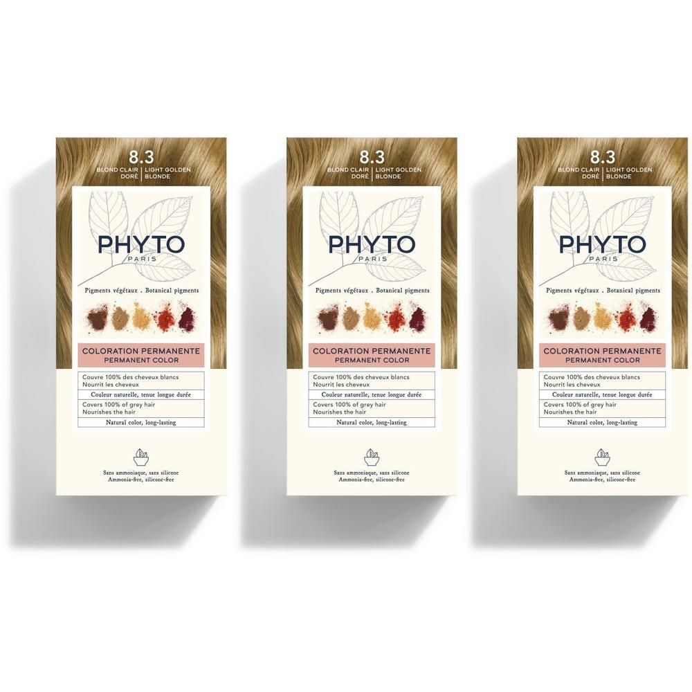 Trois boîtes de coloration permanente Phyto Phytocolor 8.3 Blond Clair Doré avec pigments végétaux.
