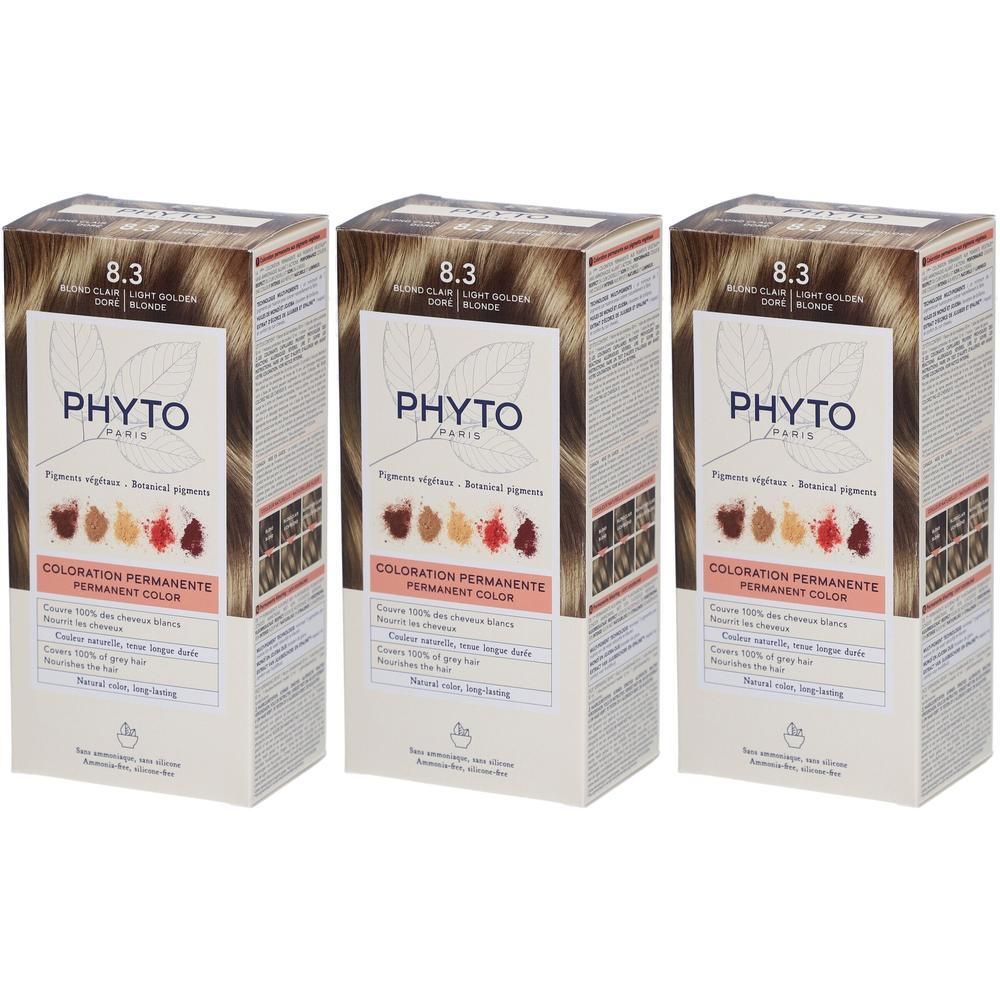 Trois boîtes de coloration permanente PHYTO COLOR 8.3 Blond Doré Clair, avec nuancier et informations produit.