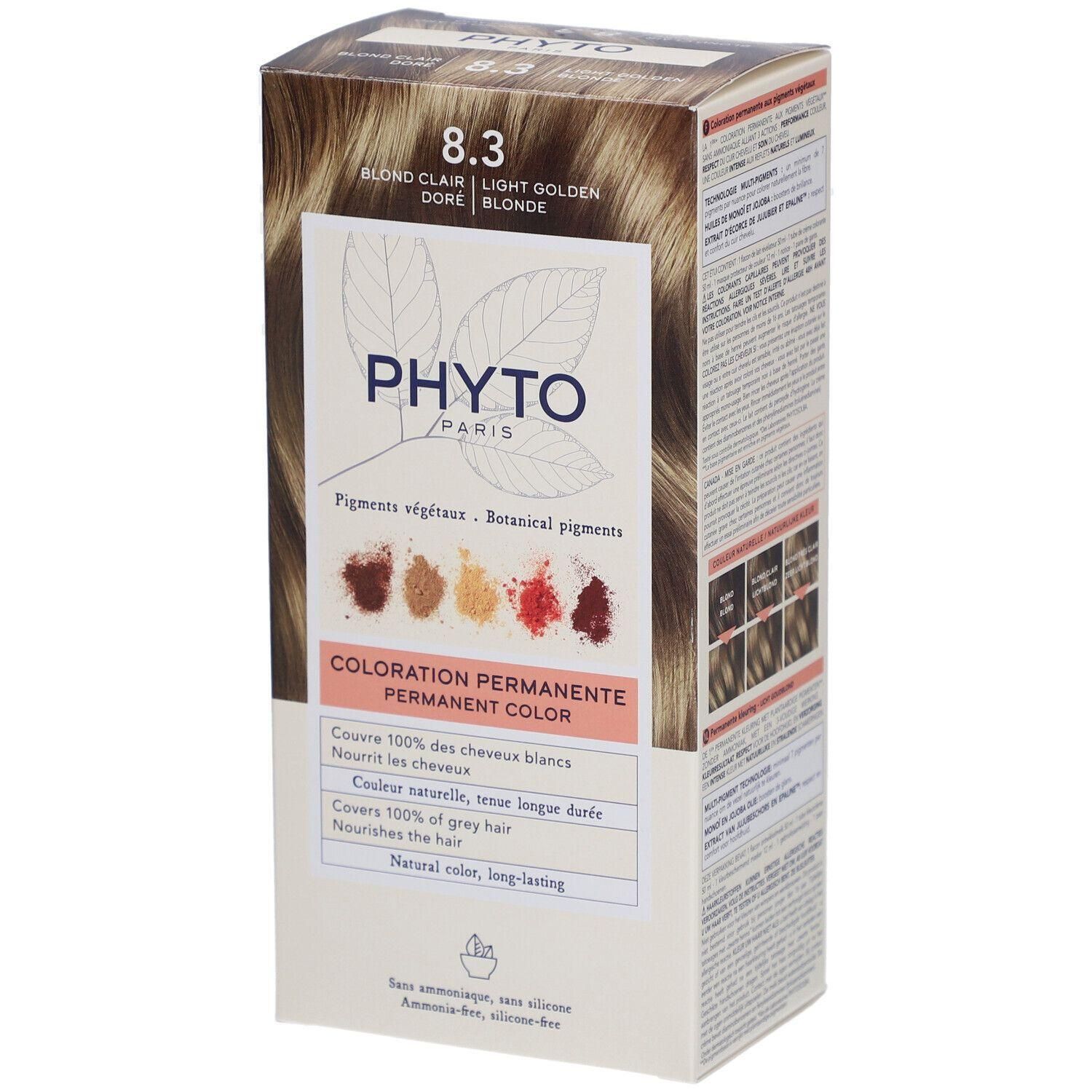 Phyto Coloration Permanente 8.3 Blond Clair Doré. Boîte avec informations sur la couleur et image du produit.