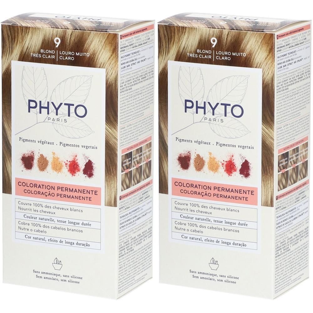 Deux boîtes de coloration permanente Phyto Paris, teinte 9 Blond Très Clair. Montre des pigments de couleur et des mèches de cheveux.