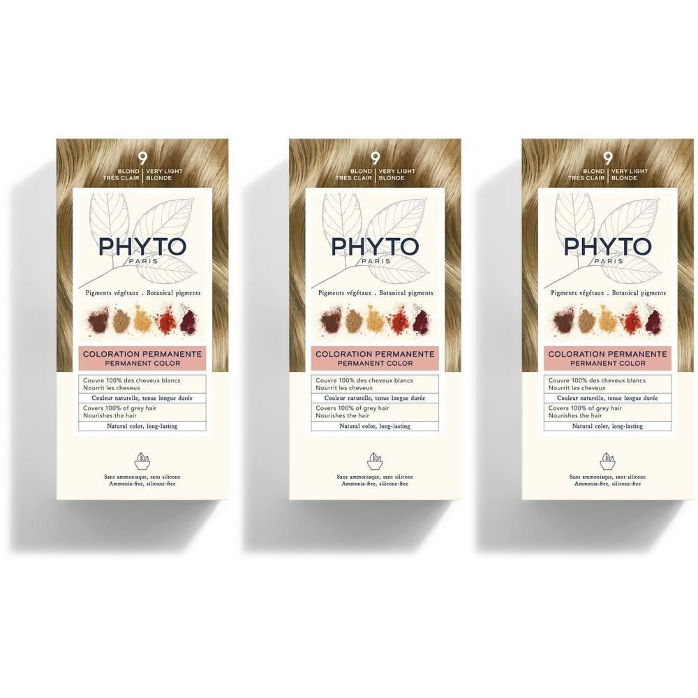 Drie pakken Phyto Phytocolor haarverf, tint 9 Blond Très Clair.