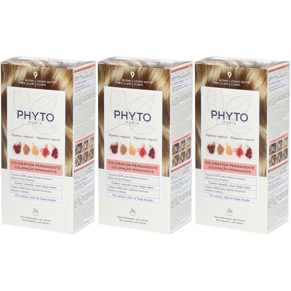 Trois boîtes de coloration permanente PHYTOCOLOR, nuance 9 Blond très clair.