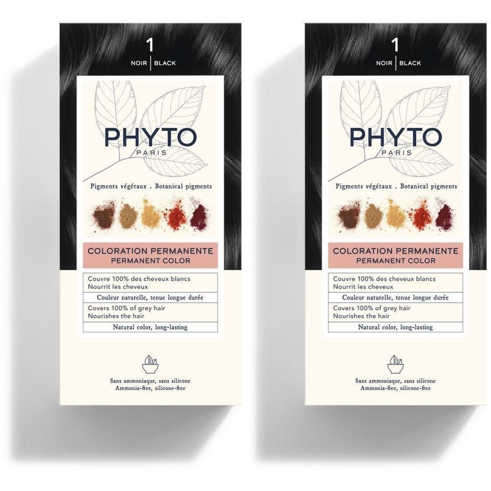 Twee pakken PHYTOCOLOR permanente haarkleur, tint 1 Noir, met plantaardige pigmenten.