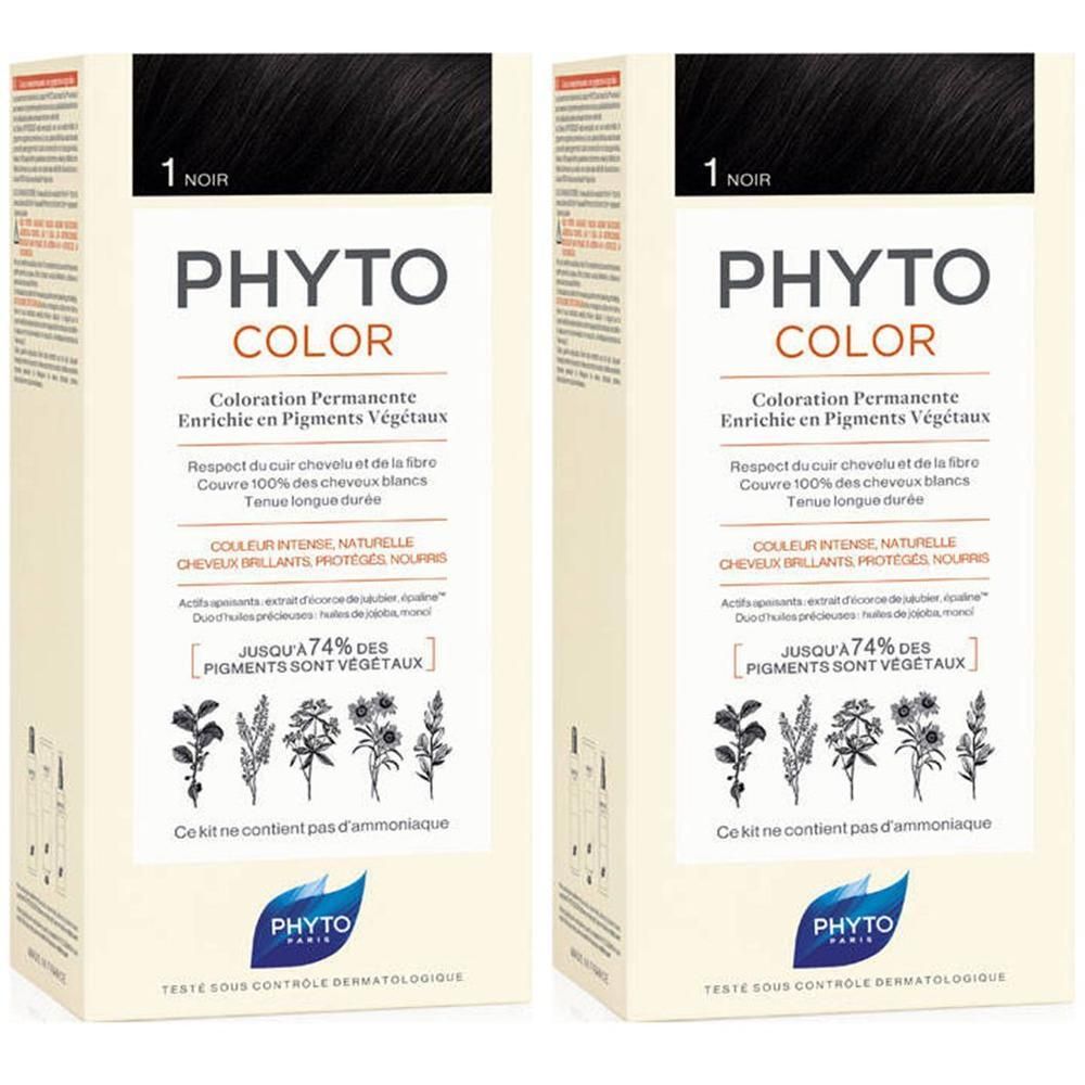 Deux boîtes de coloration permanente PHYTOCOLOR, teinte 1 Noir.