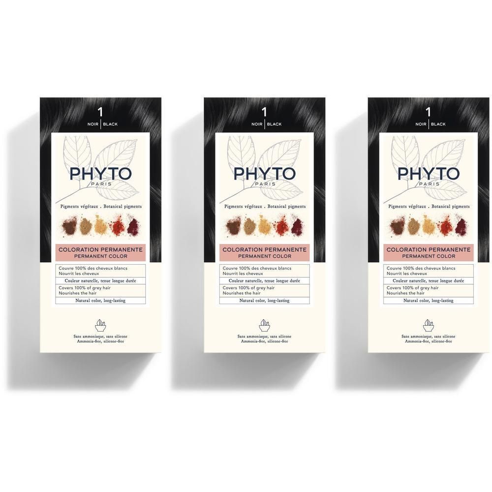 Drie verpakkingen PHYTOCOLOR permanente haarkleuring, tint 1 Noir Black.