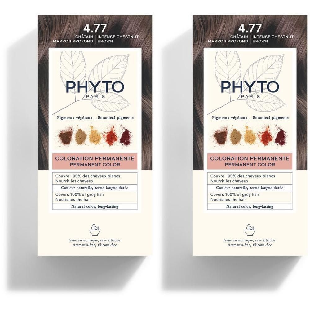 Deux boîtes de coloration permanente Phyto Phytocolor 4.77 Châtain Marron Profond. Montre des pigments végétaux et des informations sur la couleur.
