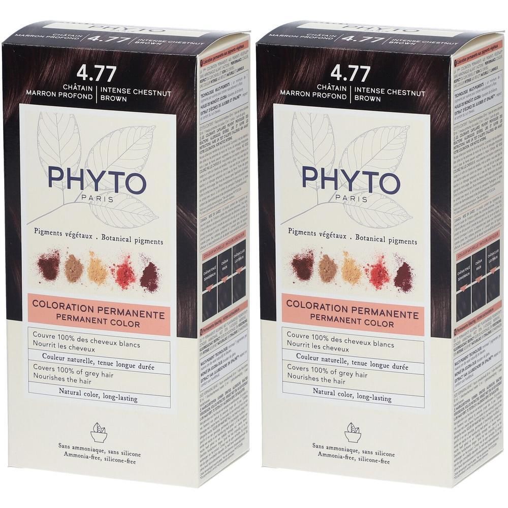 Deux boîtes de coloration permanente PHYTOCOLOR 4.77 Châtain Intense. Montre des échantillons de couleur et des graphiques de feuilles.