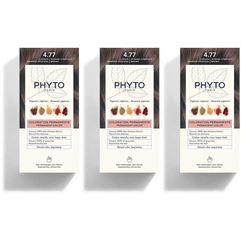 Trois boîtes de coloration permanente Phyto Phytocolor 4.77 Châtain Marron Profond.