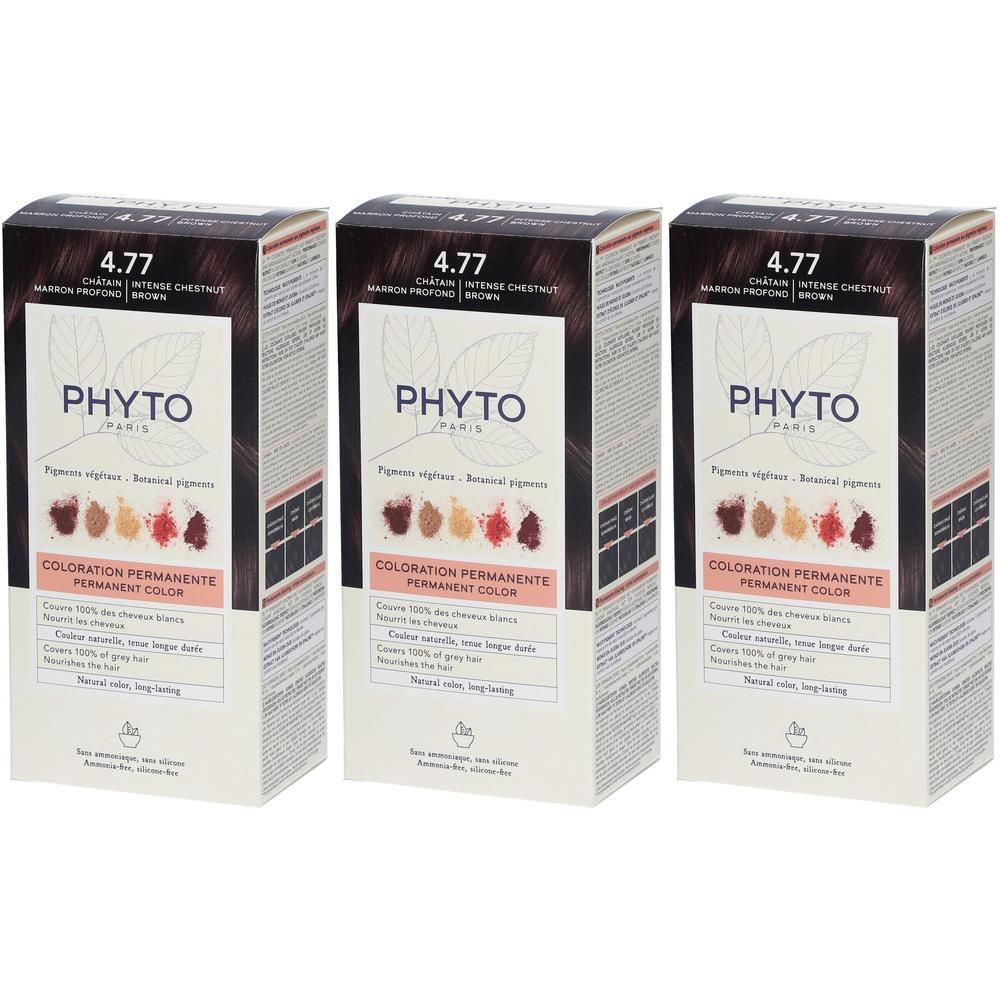 Trois boîtes de coloration permanente PHYTOCOLOR 4.77 Châtain intense.