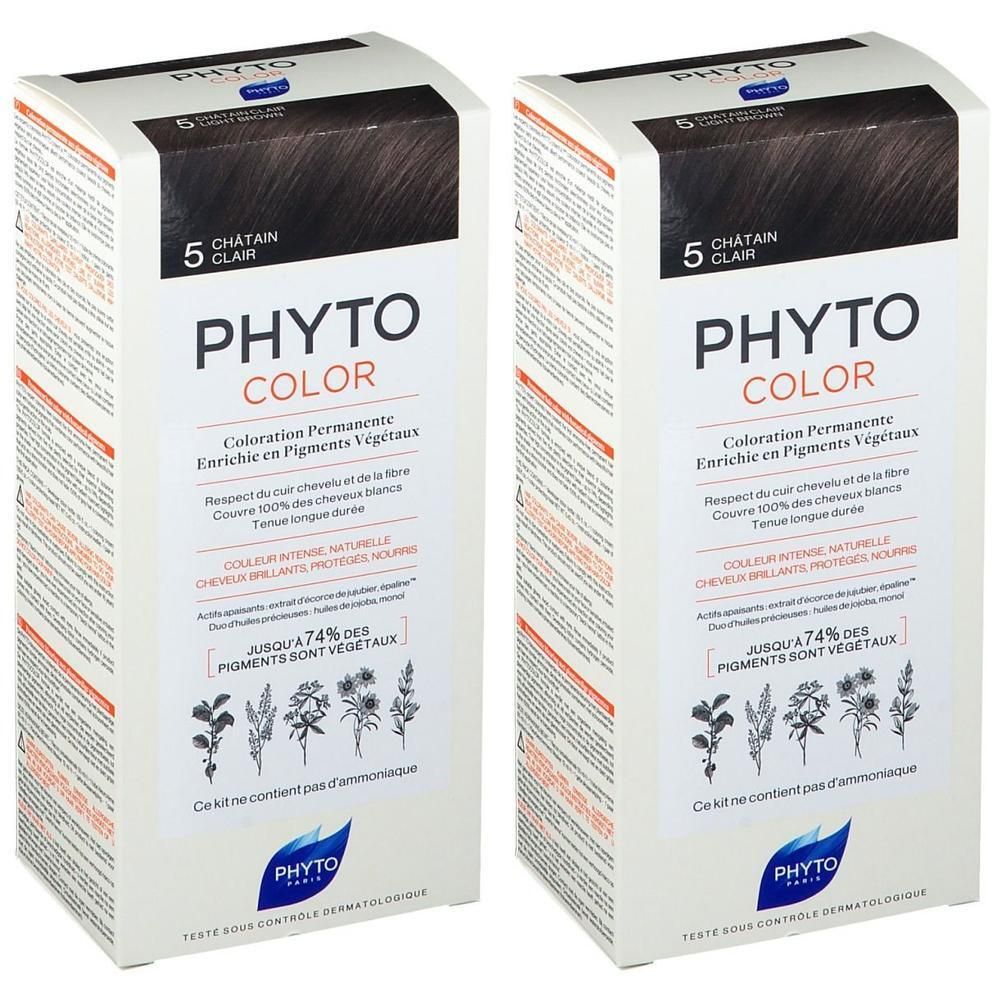 Deux boîtes de coloration permanente PHYTOCOLOR, teinte 5 châtain clair. Contient des pigments végétaux.