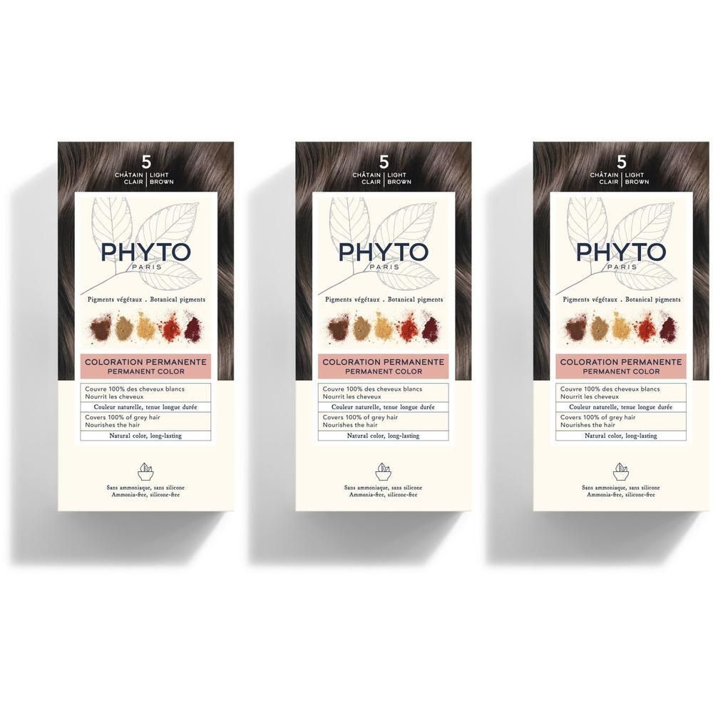 Drie pakken Phyto Phytocolor 5 Châtain Clair permanente haarkleur. Toont kleurstalen en productinformatie.