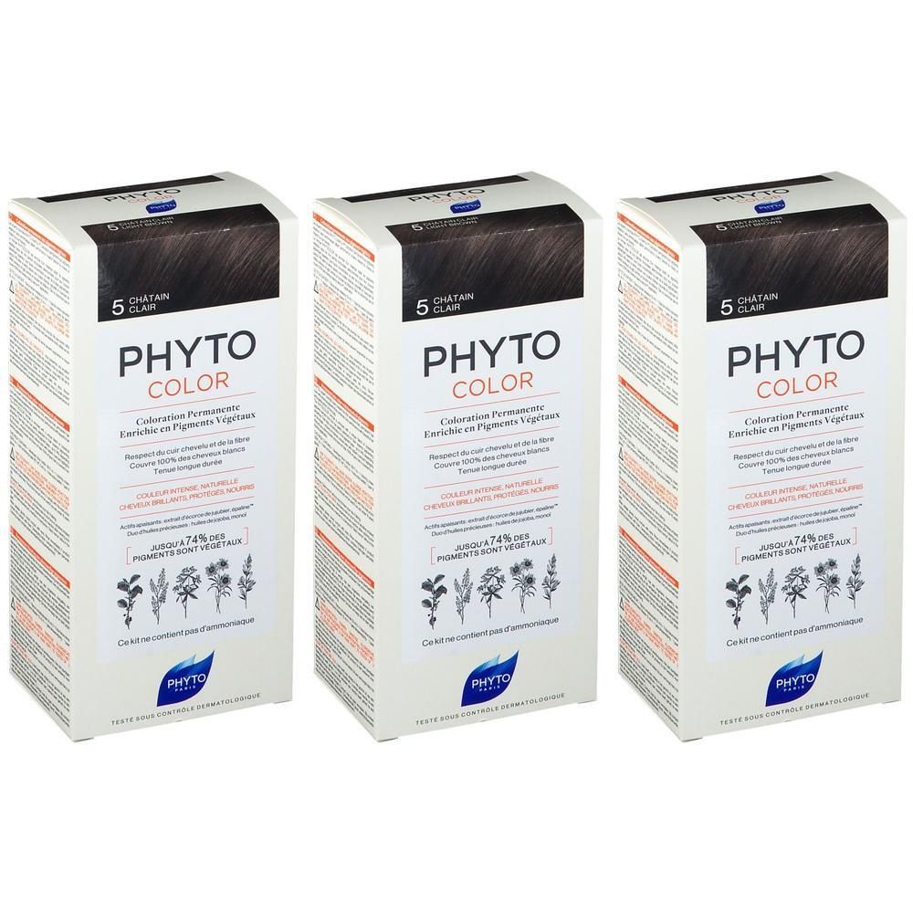 Drie dozen PHYTOCOLOR haarkleuring, tint 5 Lichtbruin. De verpakking toont plantenillustraties en kleurstalen.