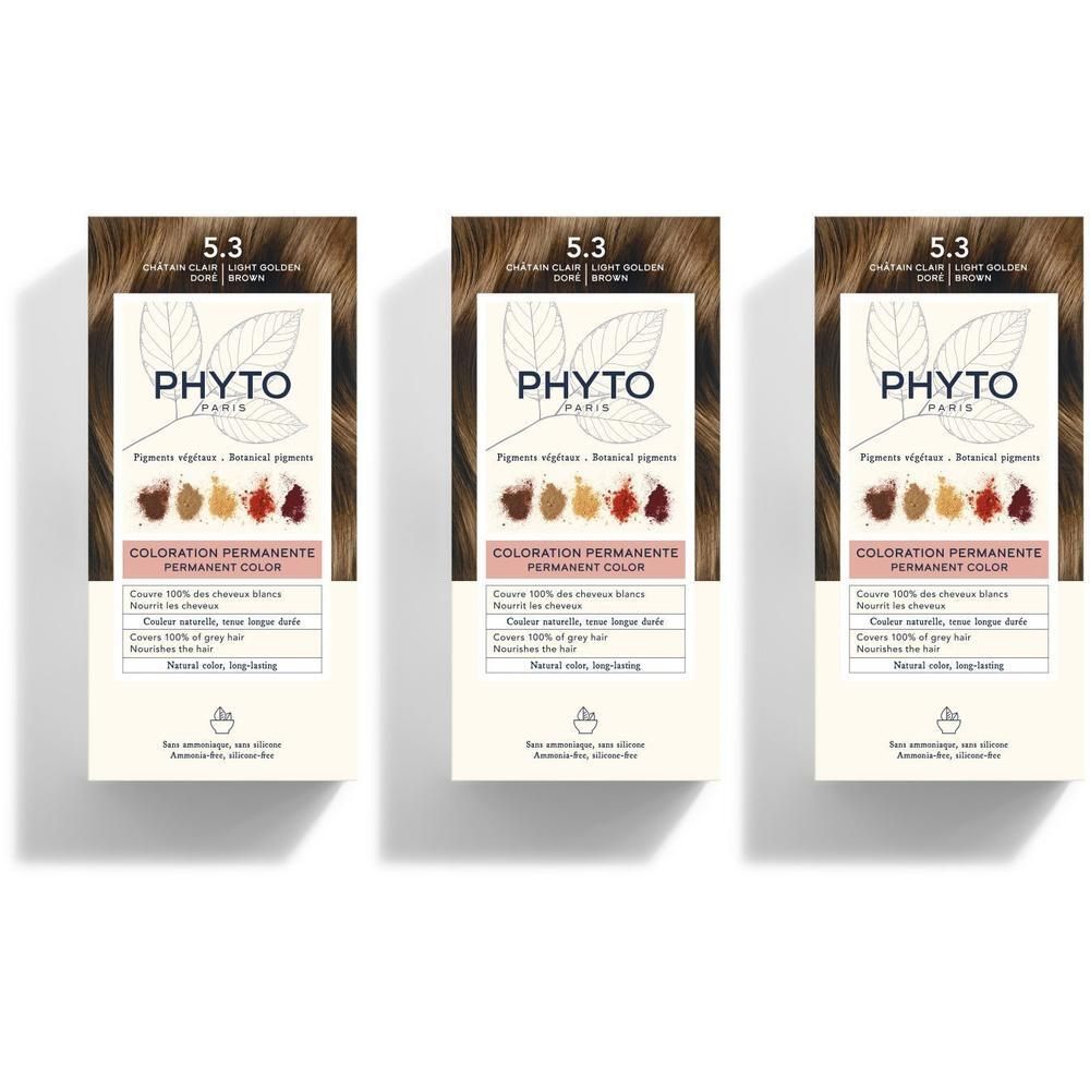Trois boîtes de coloration permanente Phyto Phytocolor 5.3 Châtain Clair Doré.
