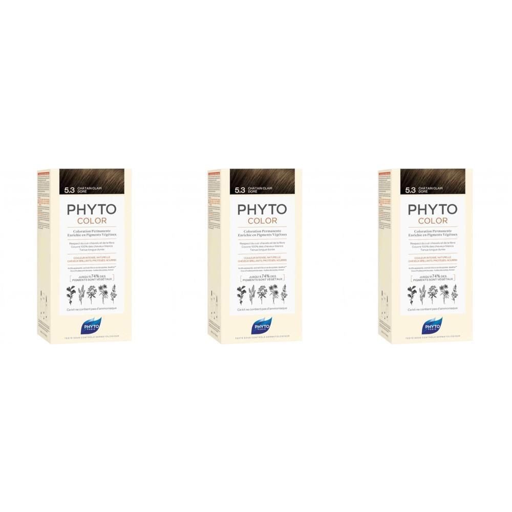 Trois boîtes de coloration permanente PHYTOCOLOR 5.3 Blond Doré Clair. Emballage cartonné avec informations produit et illustrations botaniques.