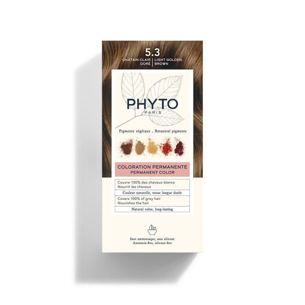 Phyto Phytocolor 5.3 Châtain Clair Doré coloration permanente. Montre des échantillons de couleur et des pigments botaniques.