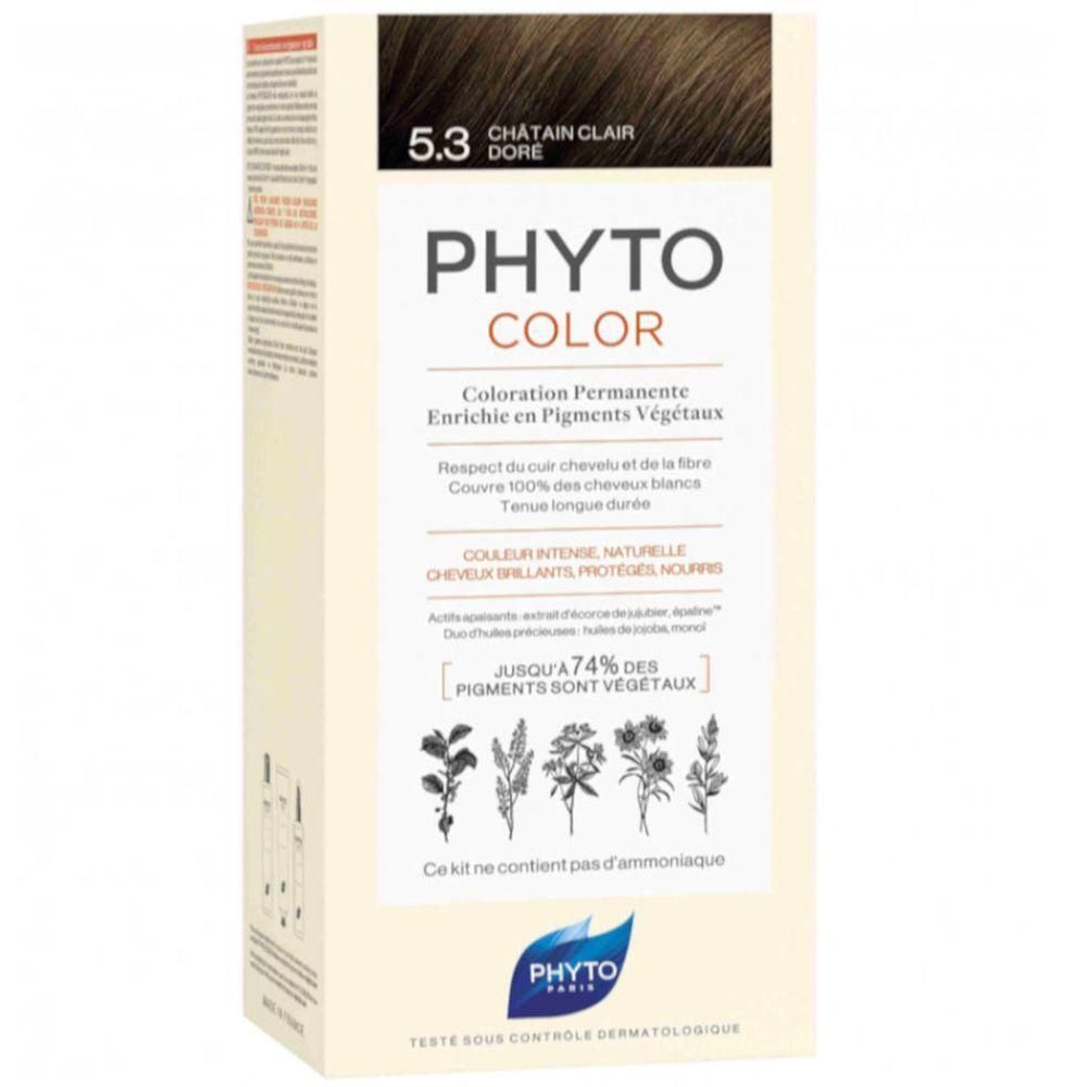 PHYTOCOLOR 5.3 Châtain Clair Doré coloration permanente. Boîte en carton avec informations produit et illustrations botaniques.
