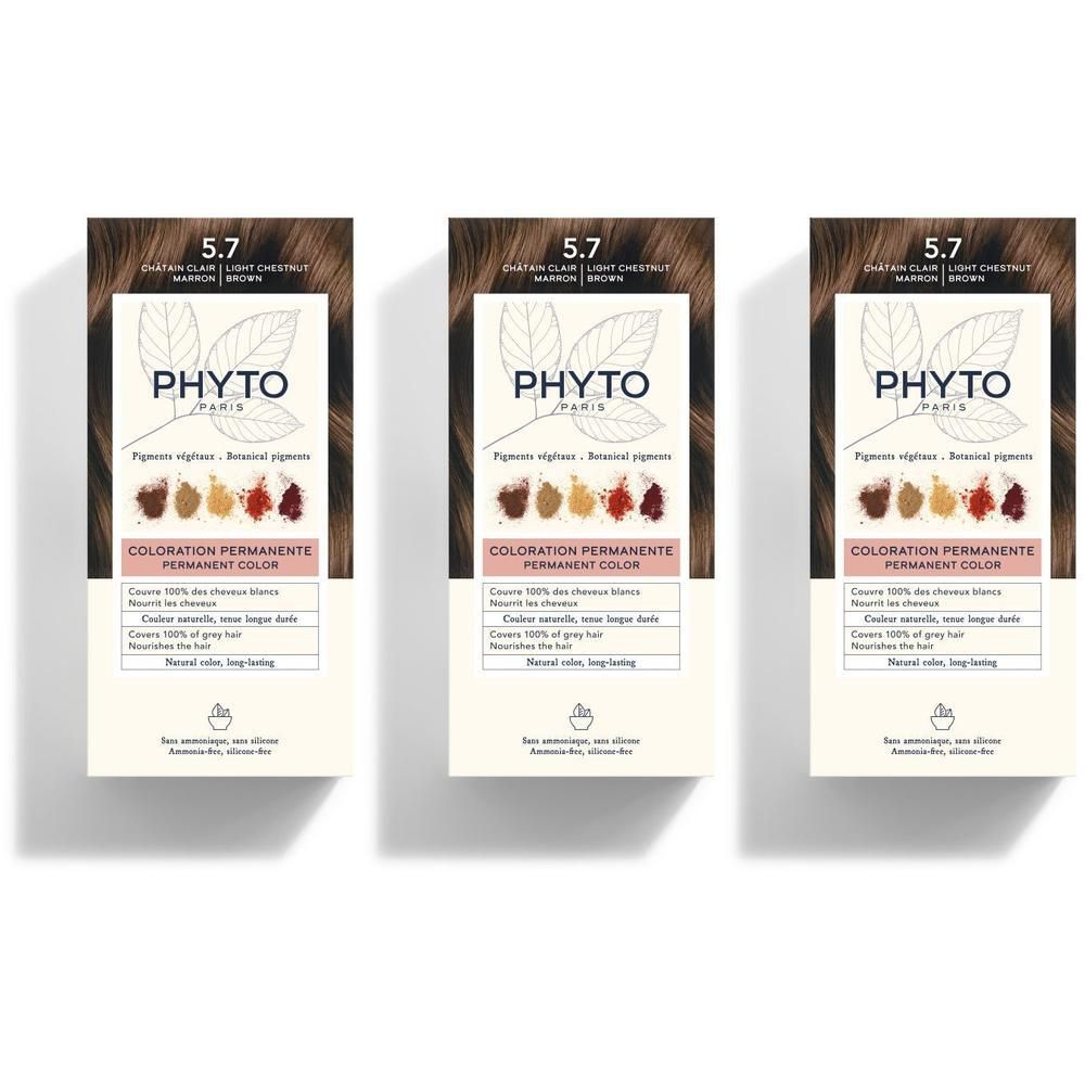 Drie pakken Phyto Phytocolor permanente haarkleur 5.7 Châtain Clair Marron.