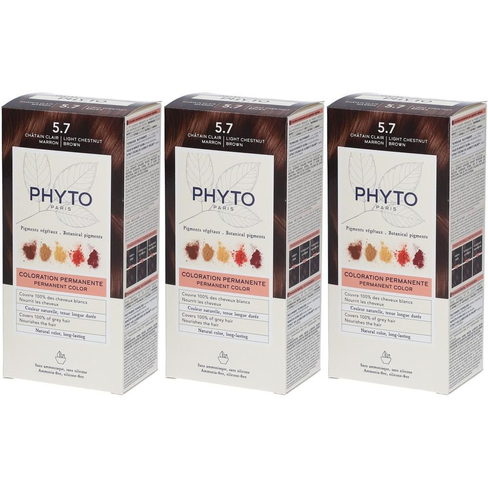 Trois boîtes de coloration permanente PHYTOCOLOR 5.7 Châtaigne Clair.