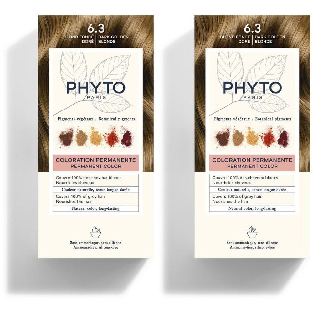 Twee pakken Phyto Phytocolor 6.3 Blond Foncé Doré permanente haarkleur. Toont plantaardige pigmenten.