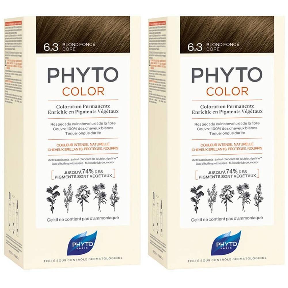 Deux boîtes de coloration permanente PHYTOCOLOR 6.3 Blond Foncé Doré. Contient des pigments végétaux.