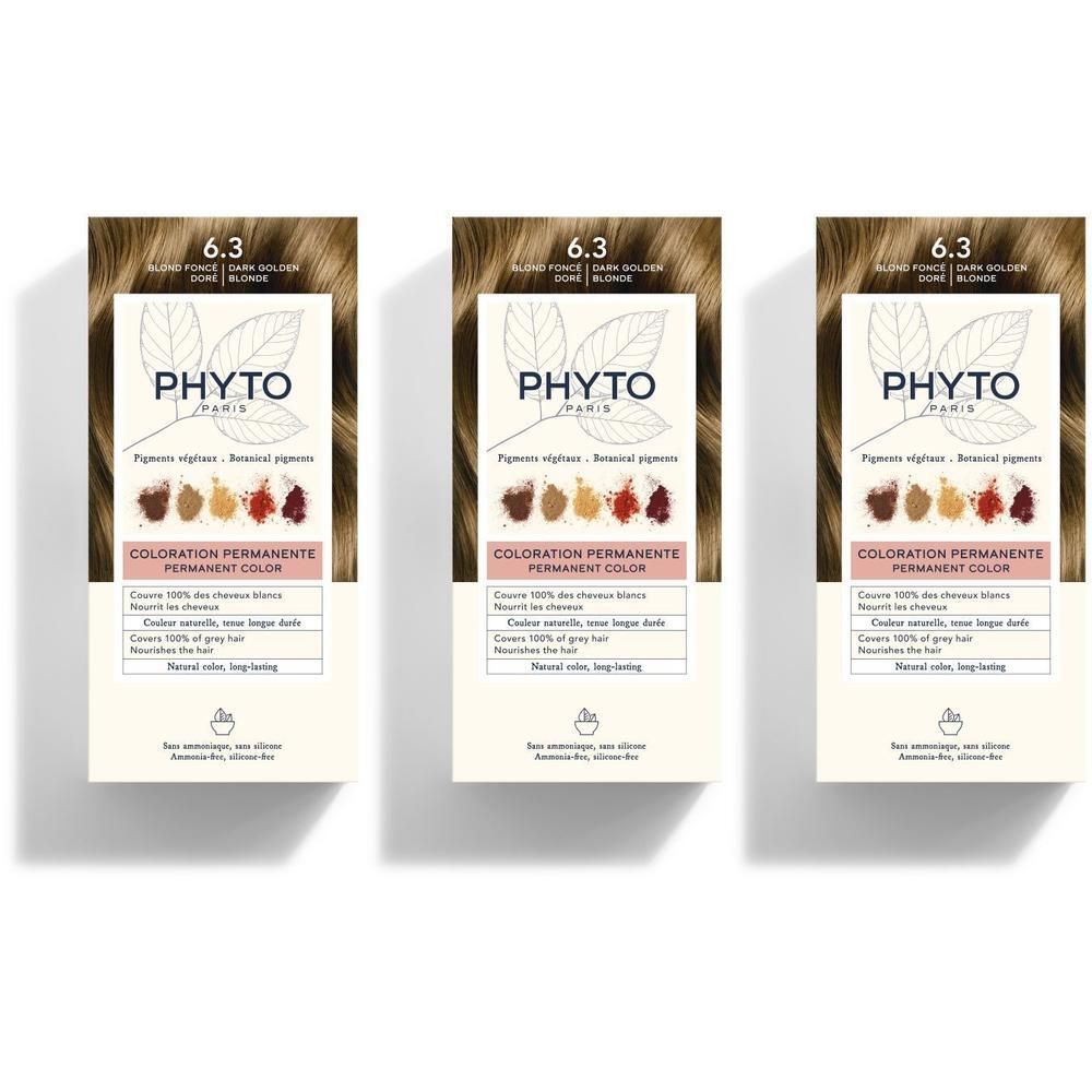 Drie pakken PHYTOCOLOR 6.3 Donker Goudblond permanente haarkleur, plantaardige pigmenten.