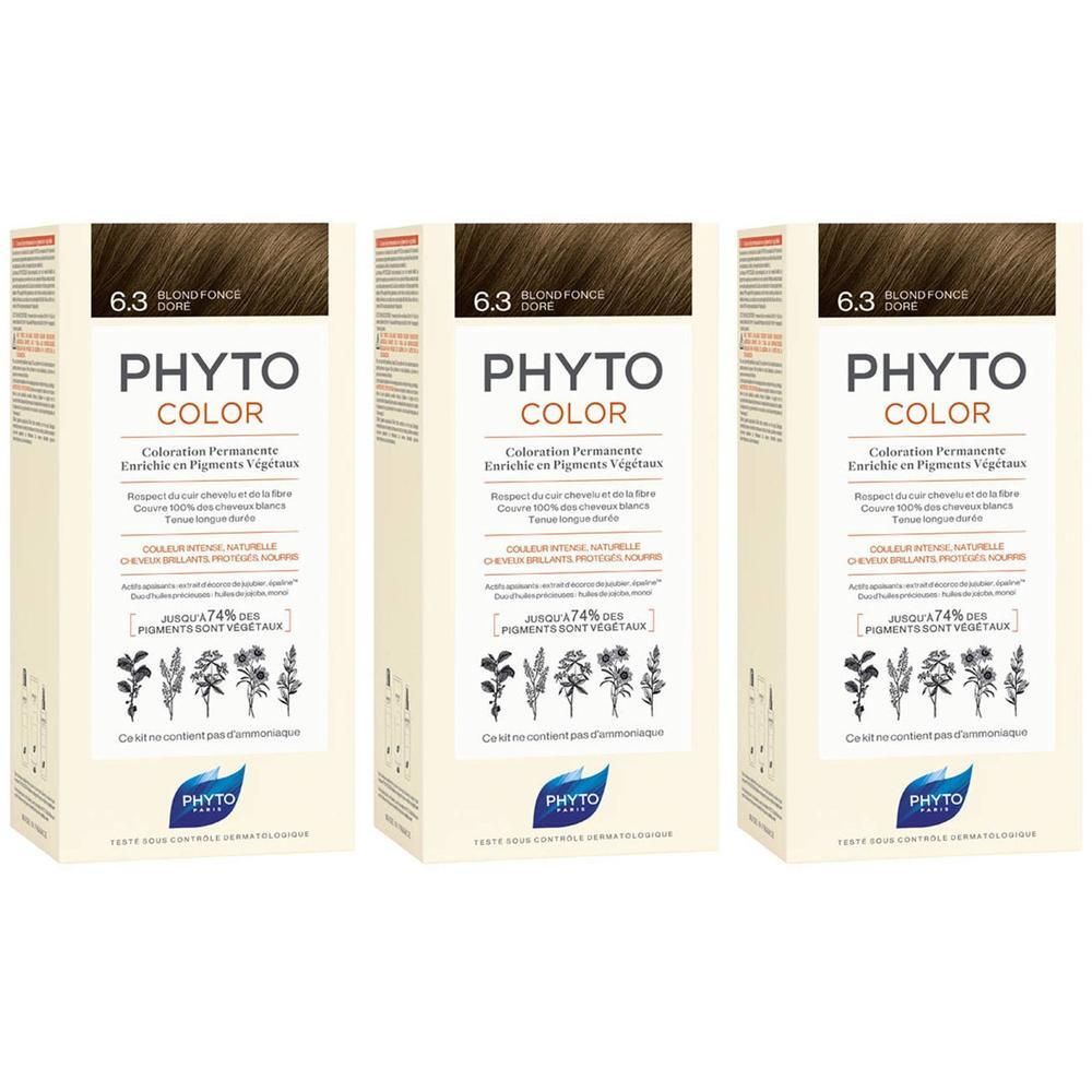 Drie pakken PHYTOCOLOR 6.3 Donker Goudblond permanente haarkleur met plantaardige pigmenten.