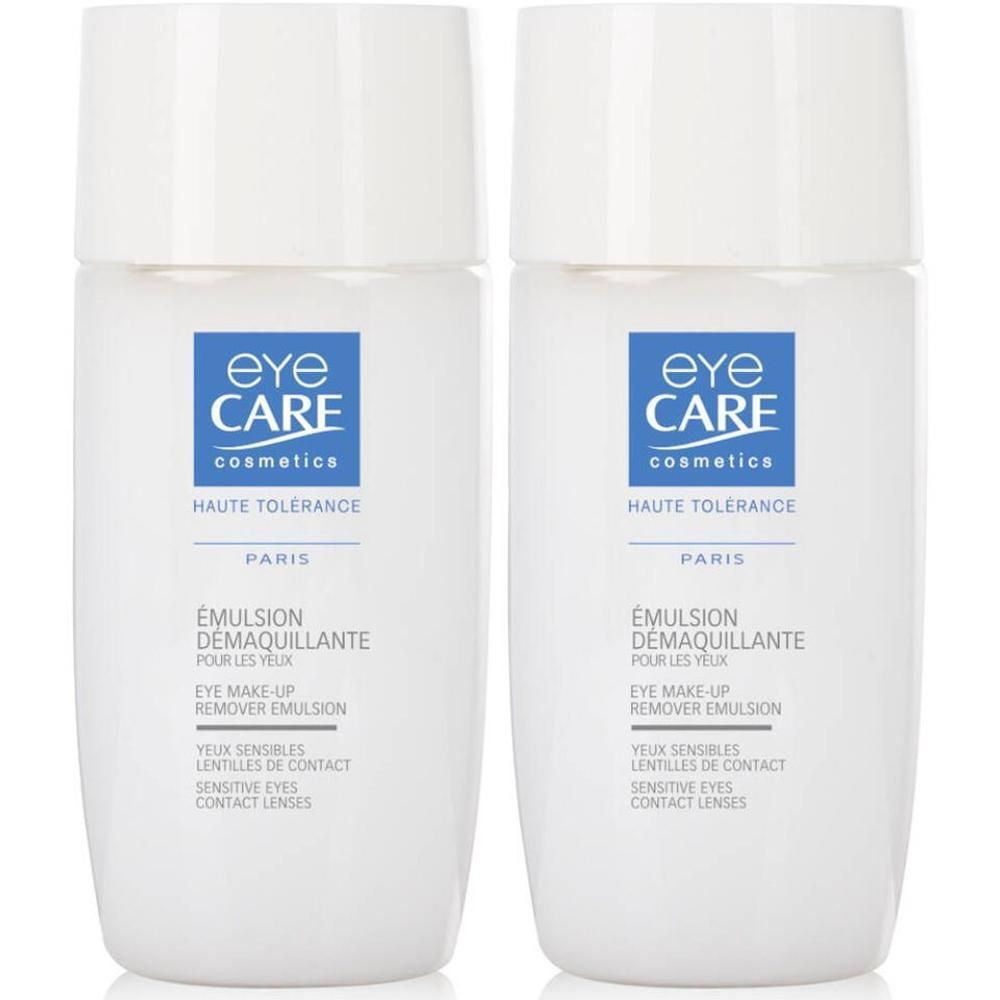 Twee witte flacons Eye CARE Oog Make-up Remover Emulsie.