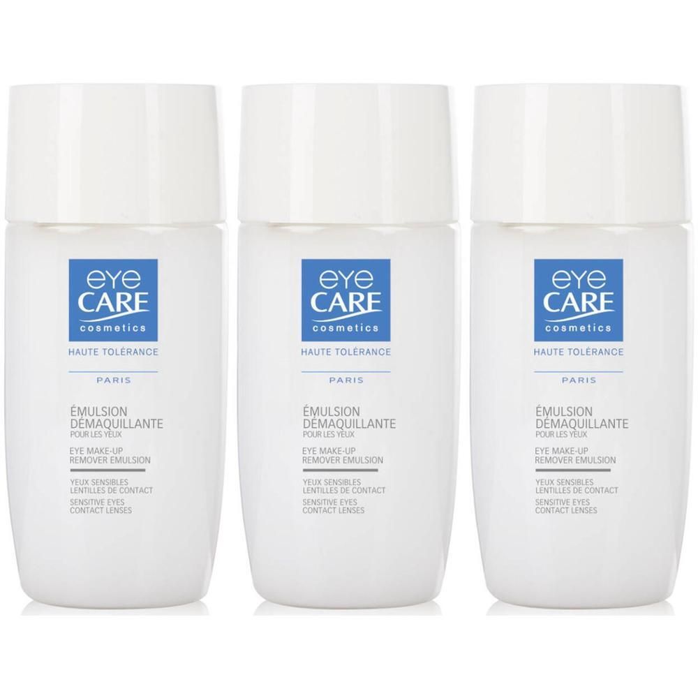 Drie witte flacons Eye Care Emulsion Démaquillante met blauw etiket.