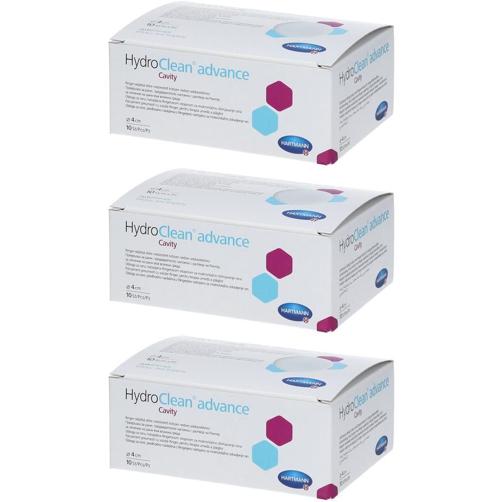 Trois boîtes de HydroClean advance Cavity avec des symboles hexagonaux bleus et roses.