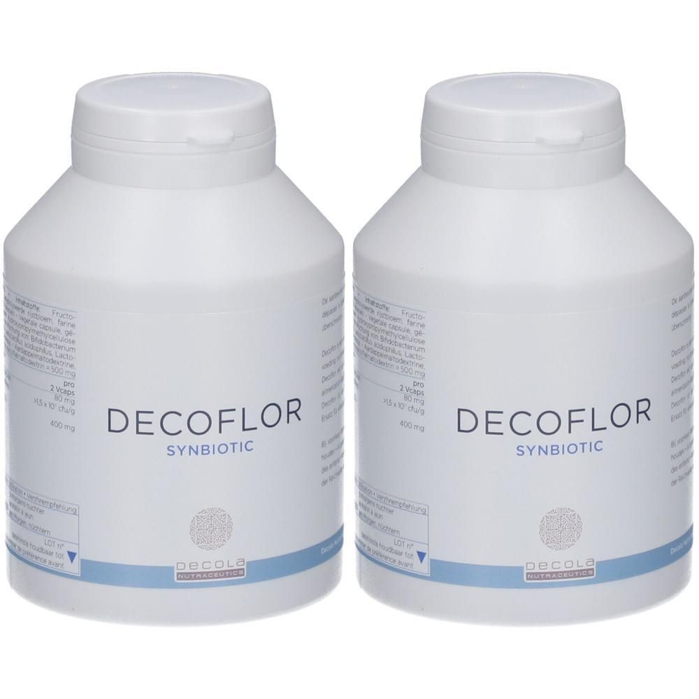 Twee witte containers met Decoflor Synbiotic etiket.