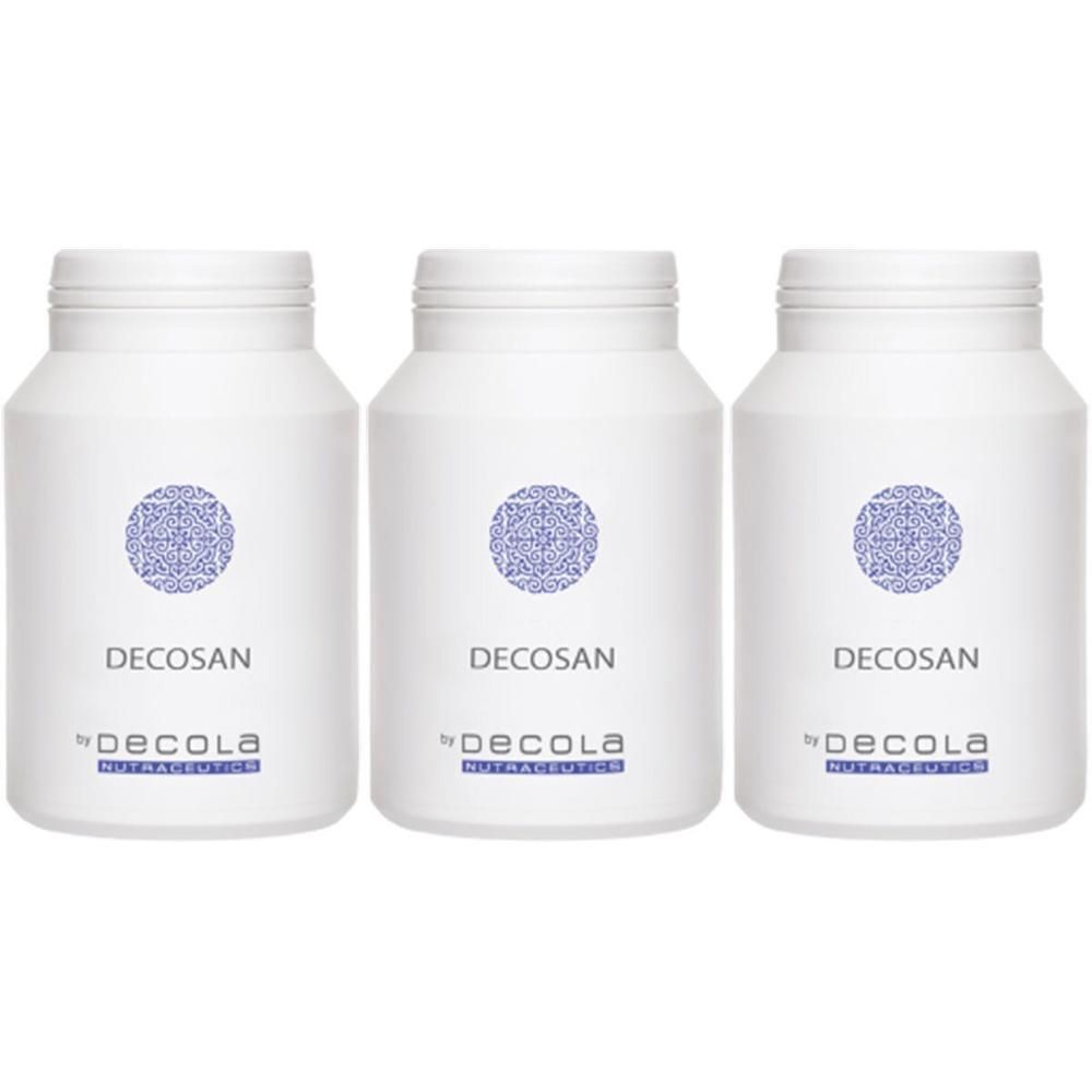 Trois contenants blancs avec le nom du produit DECOSAN et le logo DECOLA.