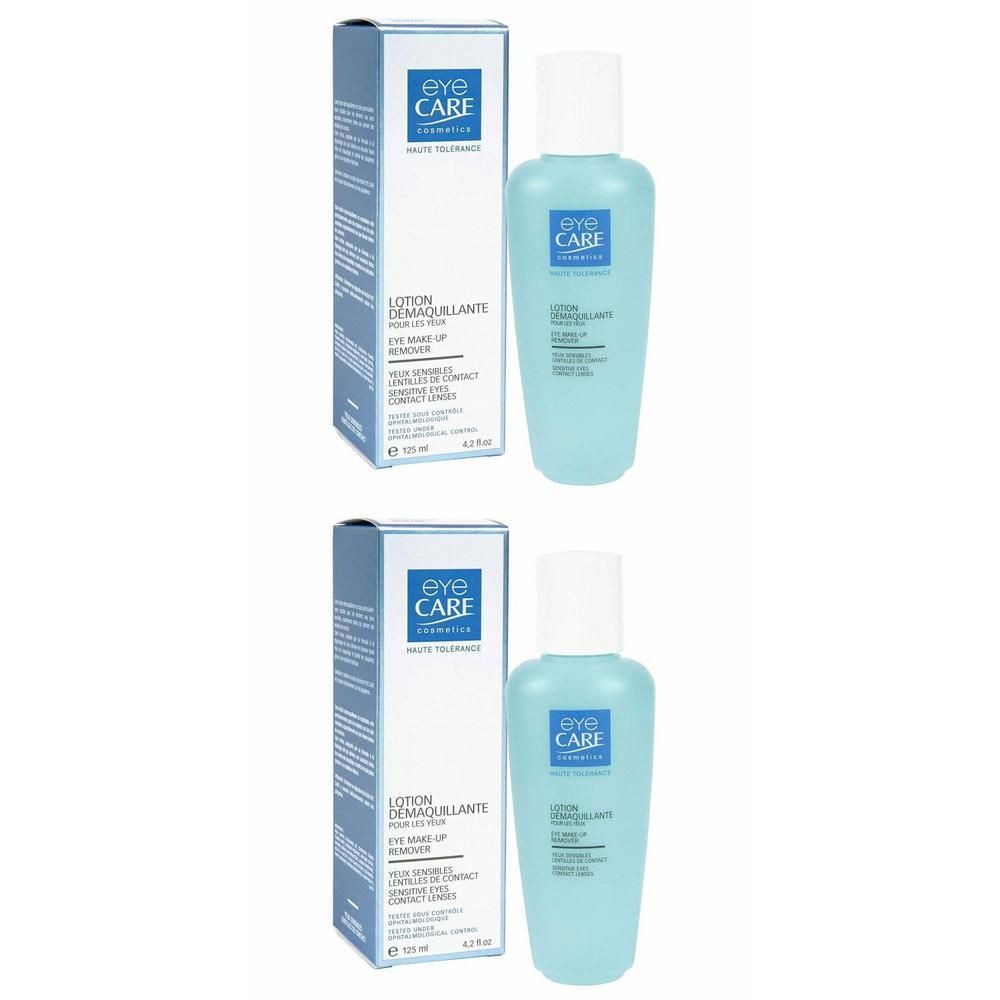 Twee flessen Eye Care Lotion Démaquillante, lichtblauw, met witte doppen en dozen.