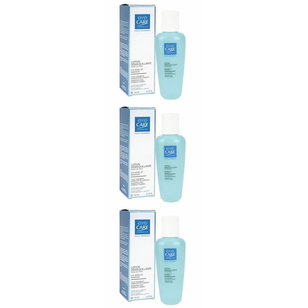 Deux flacons de lotion démaquillante pour les yeux avec leurs boîtes. Liquide bleu clair dans des flacons transparents avec bouchons blancs.