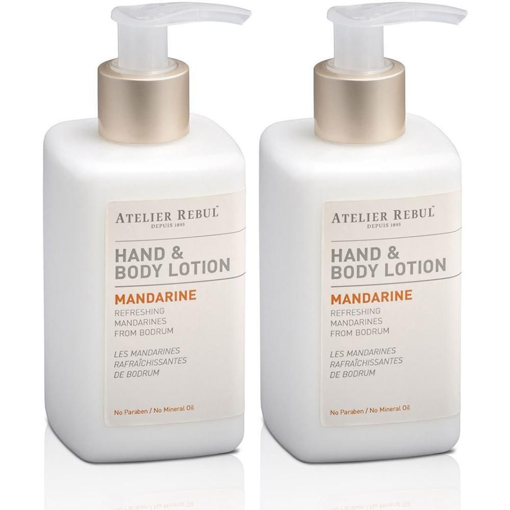 Deux flacons pompe blancs de lotion pour les mains et le corps Mandarine.
