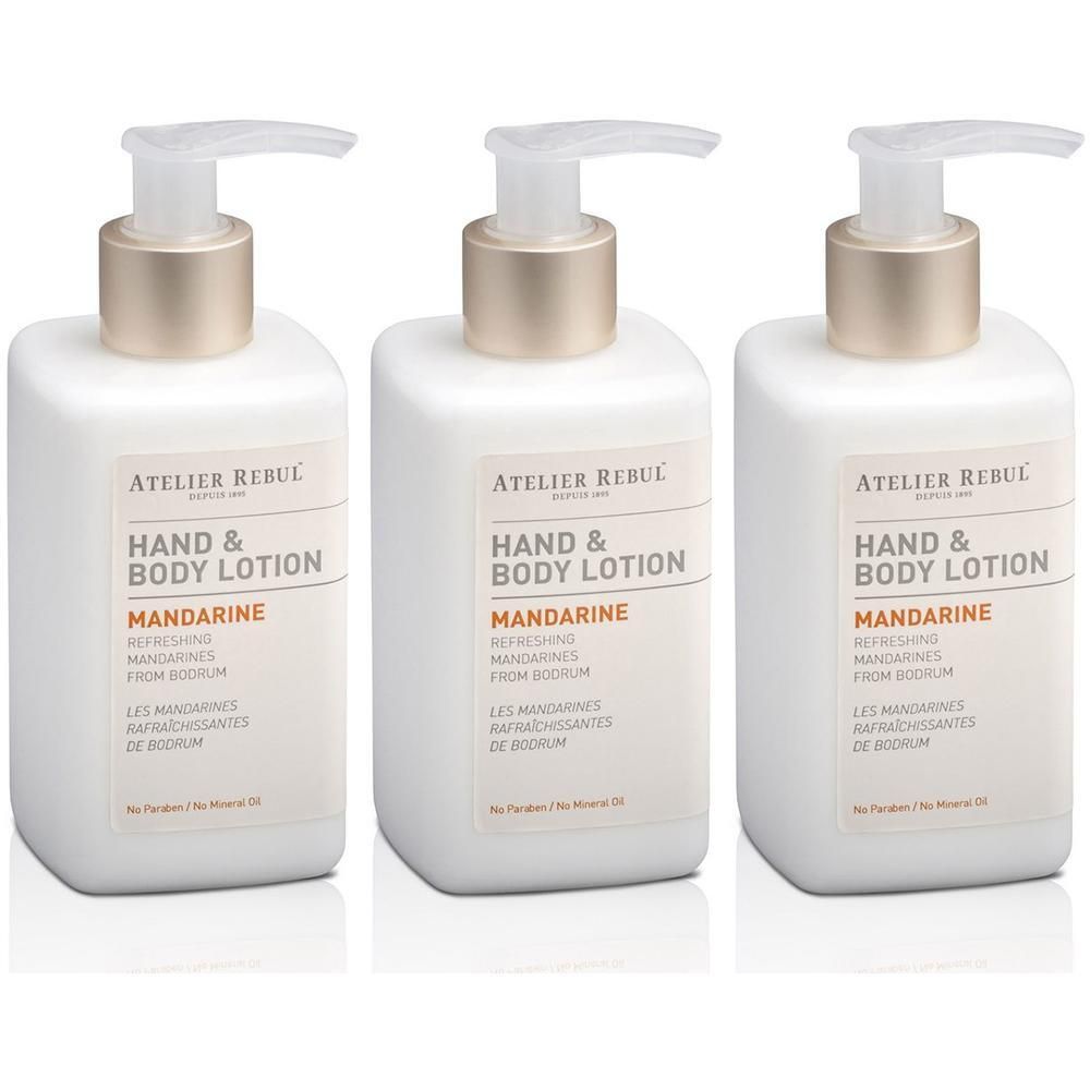 Drie witte pompflesjes Atelier Rebul Hand & Body Lotion Mandarijn.
