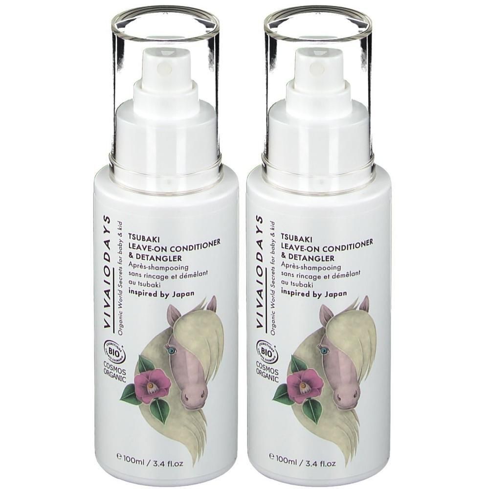 Twee flessen Vivaiodays Tsubaki Leave-on Conditioner & Detangler, elk 100ml. Met paarden- en bloemenillustratie.