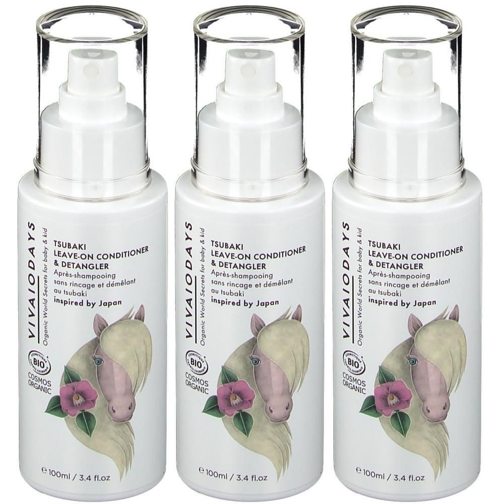 Drie witte sprayflessen met Tsubaki Leave-on Conditioner & Detangler, 100ml.