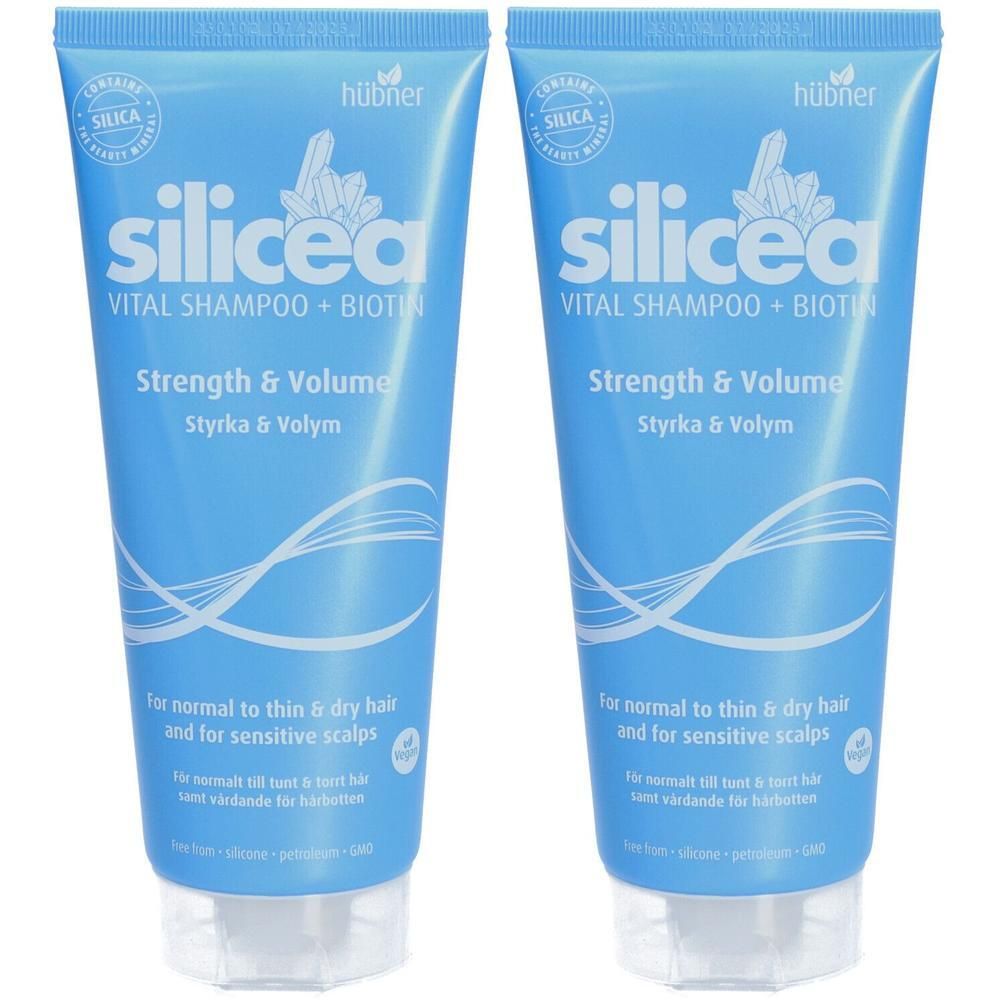 Twee blauwe tubes Silicea Vital Shampoo + Biotine voor normaal tot droog haar en gevoelige hoofdhuid.