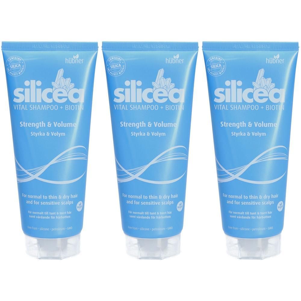 Drie flessen Silicea Vital Shampoo + Biotin, Strength & Volume, voor normaal tot droog haar en gevoelige hoofdhuid.