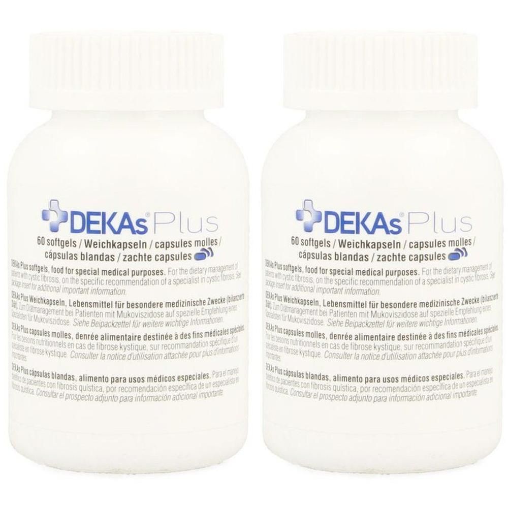 Deux flacons de DEKAS Plus capsules molles, 60 capsules par flacon.