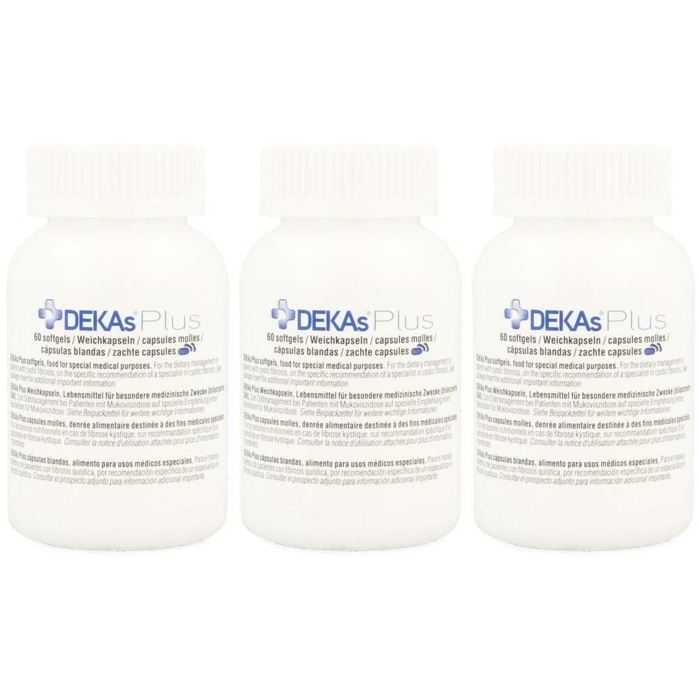 Trois flacons blancs de capsules molles DEKAs Plus à usage médical spécial.