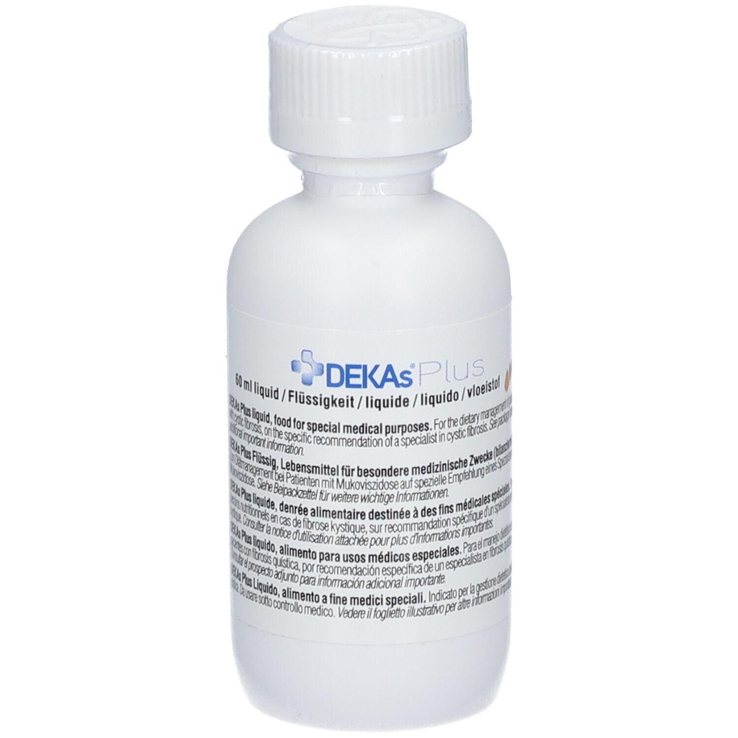 Witte fles met DEKAS Plus logo en meertalige productinformatie.