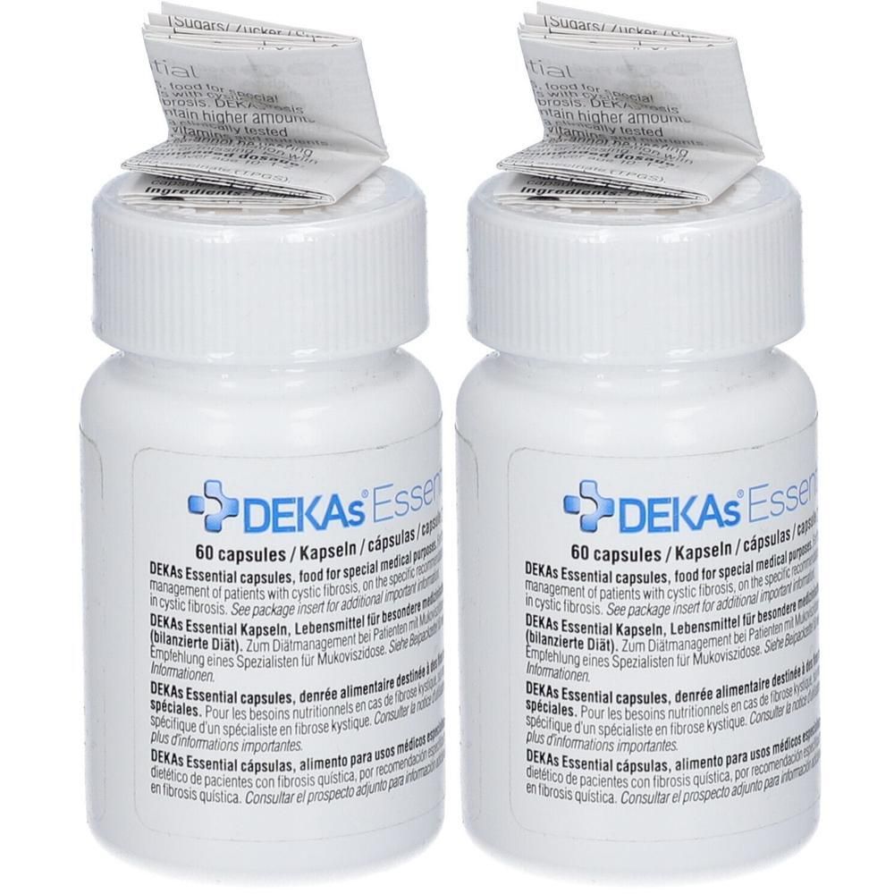 Deux flacons blancs de capsules DEKAs Essential, 60 capsules chacun. Étiquettes avec informations produit.