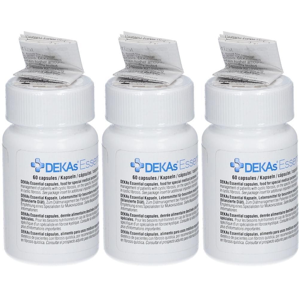 Drie witte flessen DEKAs Essential capsules, elk 60 capsules.