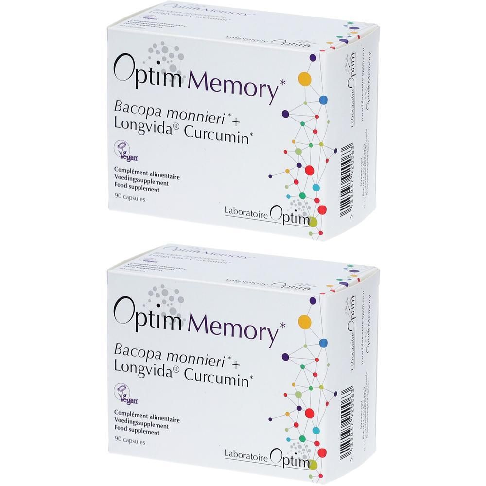 Deux boîtes Optim Memory avec Bacopa monnieri et Longvida Curcumin, 90 gélules par boîte.