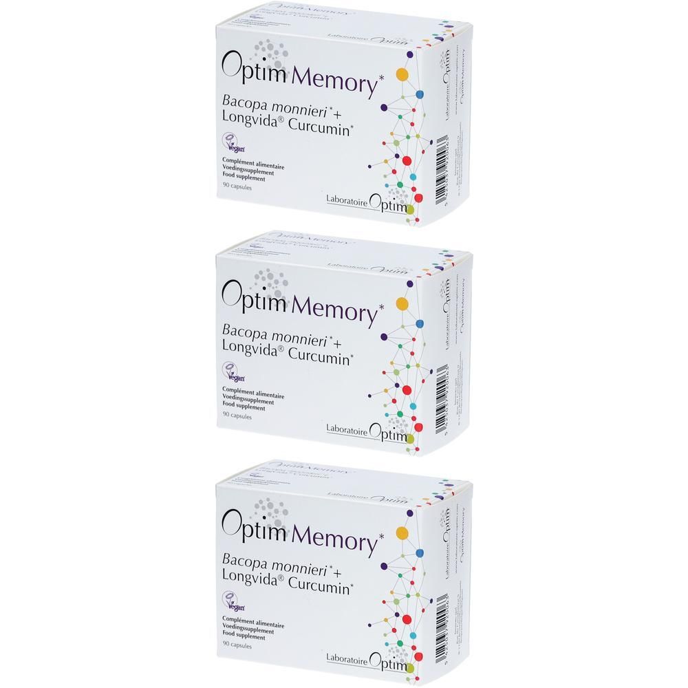 Drie pakken Optim Memory met Bacopa monnieri en Longvida Curcumin. Vegan.