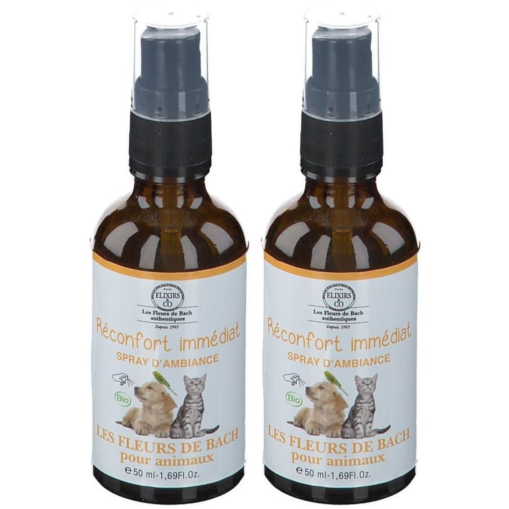 Deux flacons de spray d'ambiance aux Fleurs de Bach pour animaux. Verre brun, étiquettes blanches avec illustrations de chien et chat.