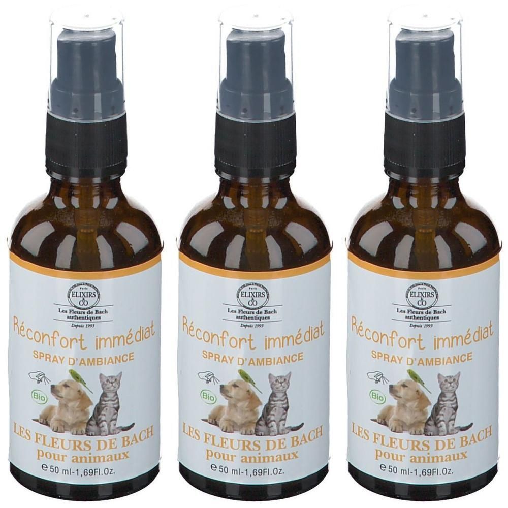 Trois flacons spray de Fleurs de Bach pour animaux. Flacons en verre brun avec étiquette blanche et tête de pulvérisation.