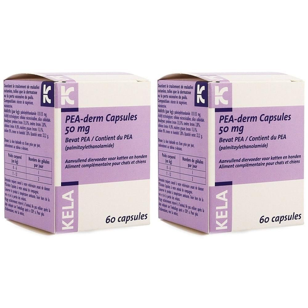 Twee verpakkingen KELA PEA-derm Capsules, 50 mg, 60 capsules per verpakking.